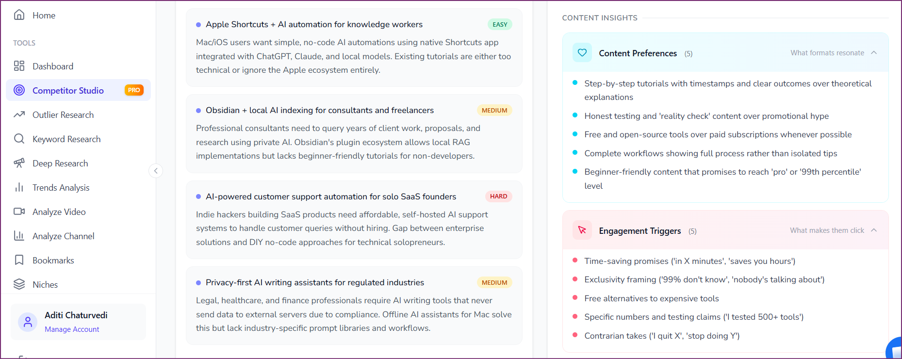 OutlierKit audience content preferences analysis showing niche opportunities, content preferences with engagement triggers, and audience interest signals for micro-influencer evaluation
